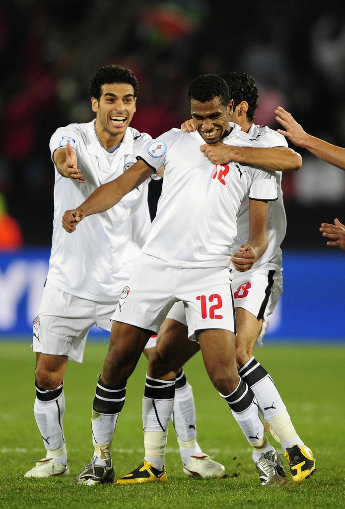 Egypt's Hommos celebrates after scoring against Italy during their Confederations Cup soccer match in Johannesburg