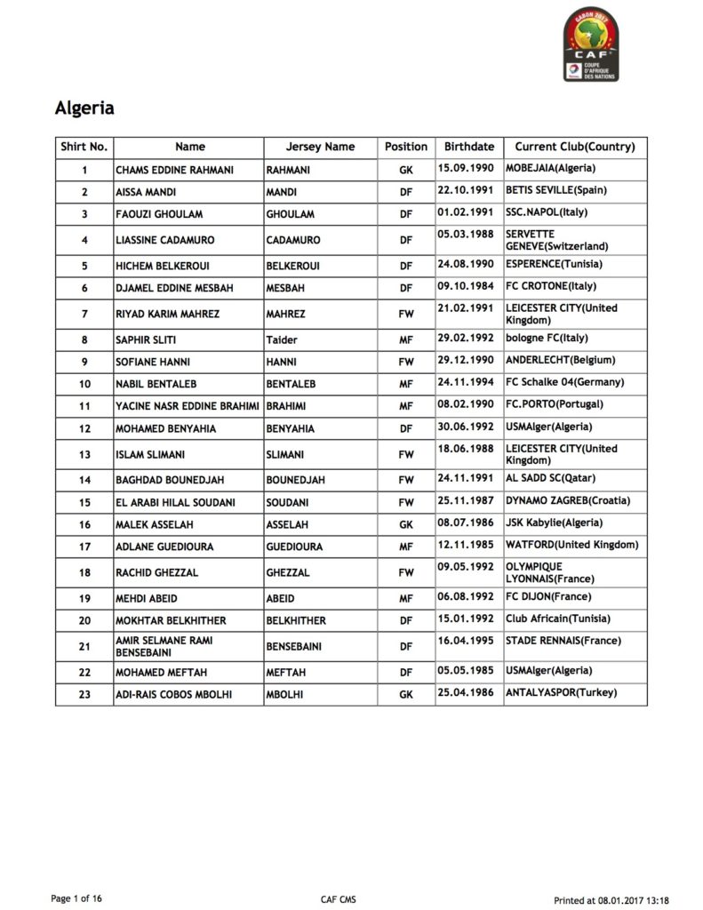 Algérie Composition equipe coupe Afrique