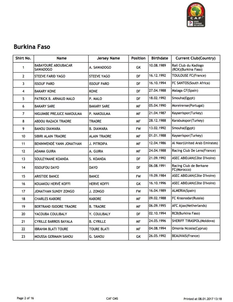 Gabon composition equipe CAN 2017